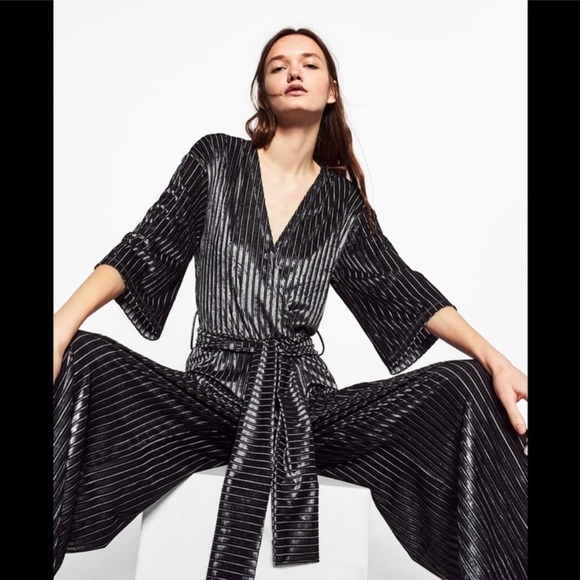 Zara Pants - ZARA Trafaluc Jumpsuit Velvet 3/4 Sleeve Striped Wide Leg‎ Gray Blue Size Small